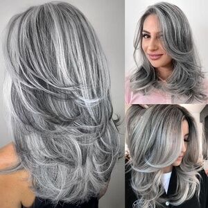 NIB NEVER OPENED! Gray, Silver, and Dark Long, Layered, Wavy Wig & Net